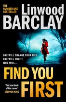 Boekomslag met een vrouw in rode jas op een donker bospad. Titel: Linwood Barclay FIND YOU FIRST.