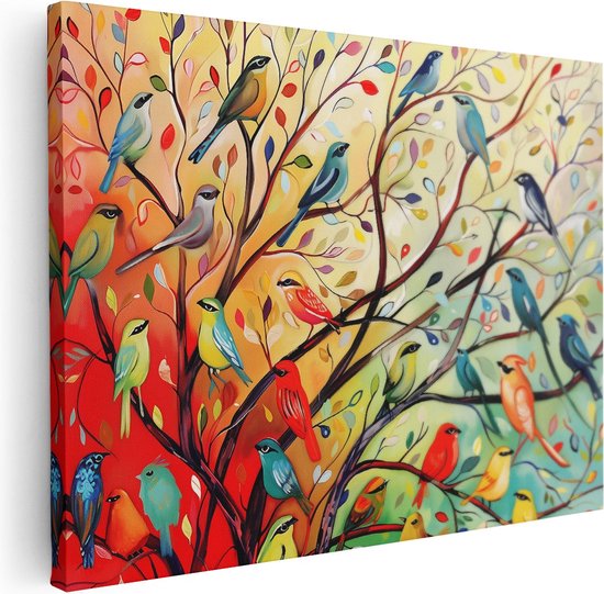 Artaza Canvas Schilderij Kleurrijke Vogels in een Boom - 120x90 - Wanddecoratie - Foto Op Canvas - Canvas Print