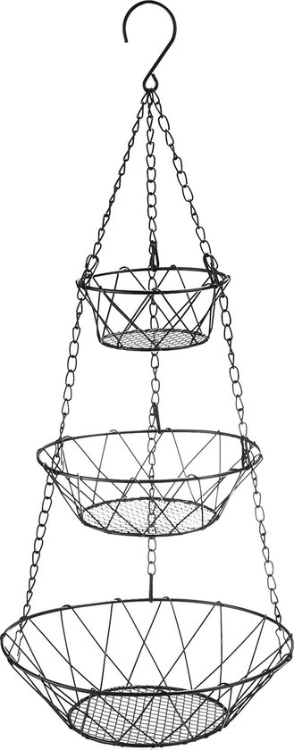 Sysow Fruitmand hangend met haak 3 etages, hangplank hang-etagère hoogte individueel instelbaar, de keukenhanger om op te hangen in landelijke stijl, ijzeren manden voor fruit en keuken
