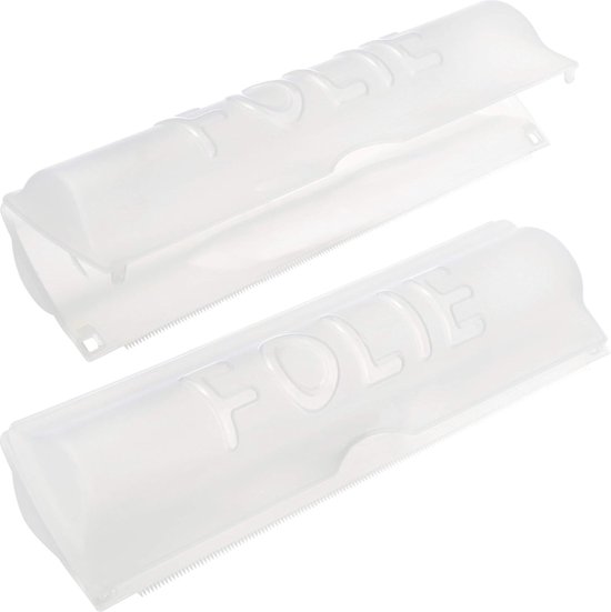 Deux distributeurs transparents pour film d'aluminium ou film alimentaire, avec le texte 'FOLIE' dessus.