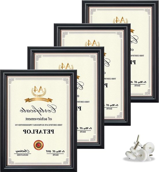 Zwarte Certificaat Frames voor Muur Tafelblad Display Horizontaal of Verticaal 4 Pack met Fotolijst A4 Fotolijsten