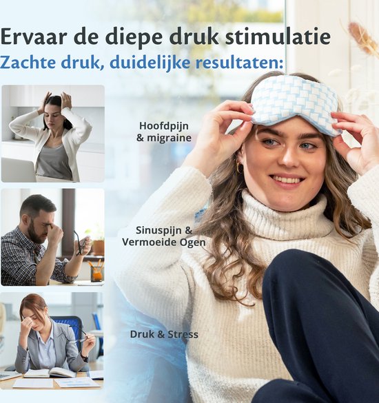 Vrouw met blauw geweven slaapmasker, lachend. Afbeeldingen tonen hoofdpijn, sinuspijn en stress.