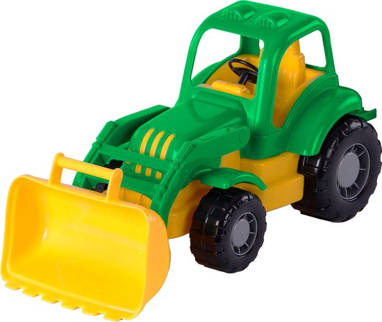 Groene en gele speelgoedtractor met een grijze schepbak aan de voorkant.