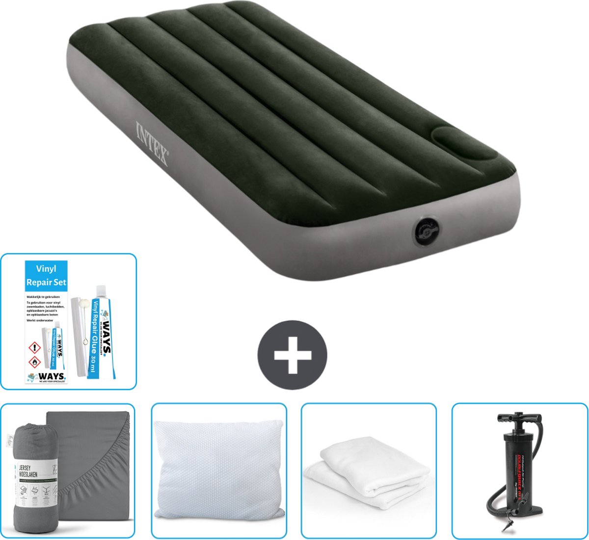 Intex Luchtbed - 1-Persoons - 76 x 191 x 25 cm - Groen - Hoeslaken - Kussen - Pomp - Reparatieset en Kussenbeschermer