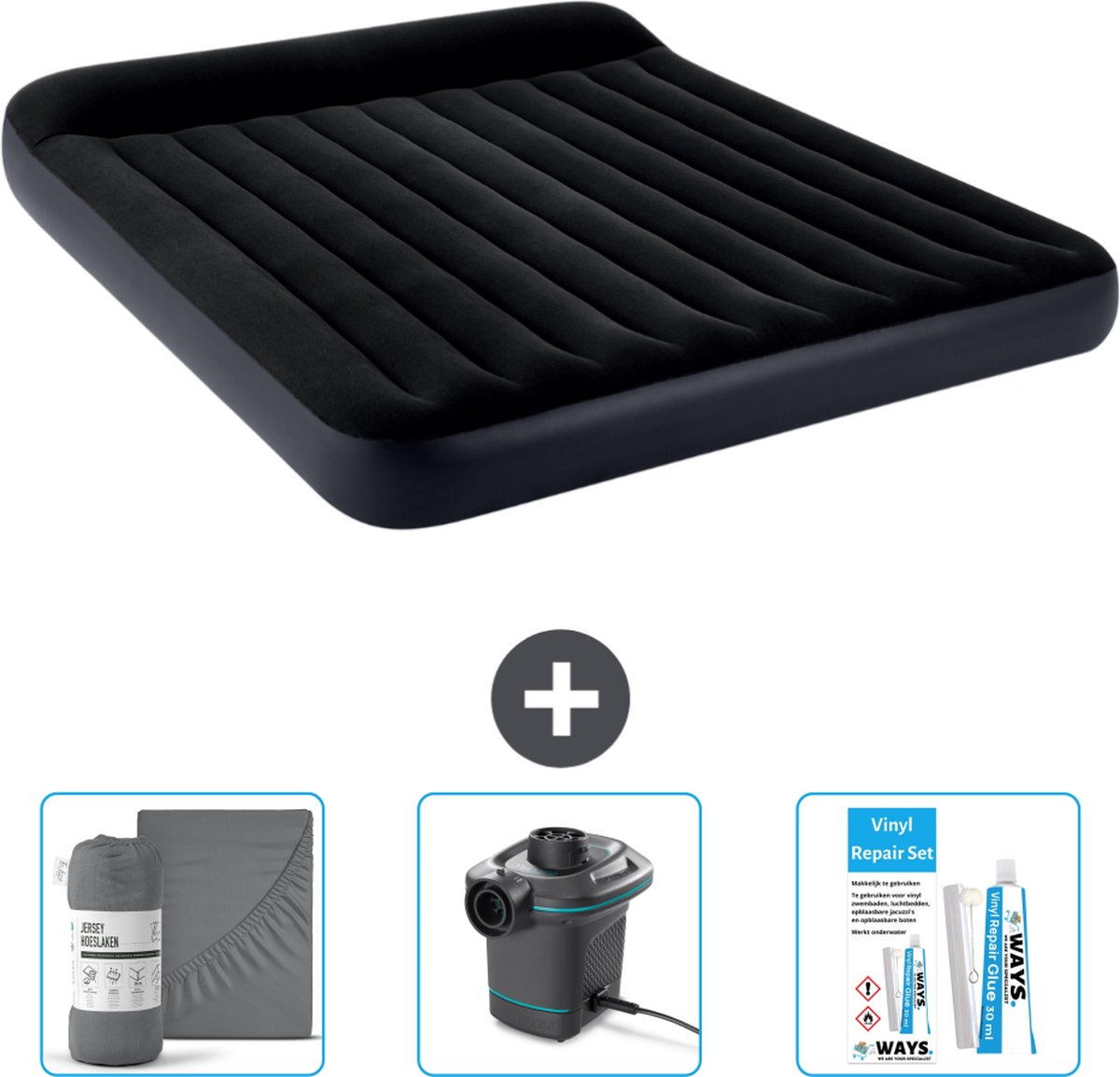 Intex Luchtbed - 2-Persoons - 183 x 203 x 25 cm - Donkerblauw - Inclusief Hoeslaken - Pomp en Reparatieset