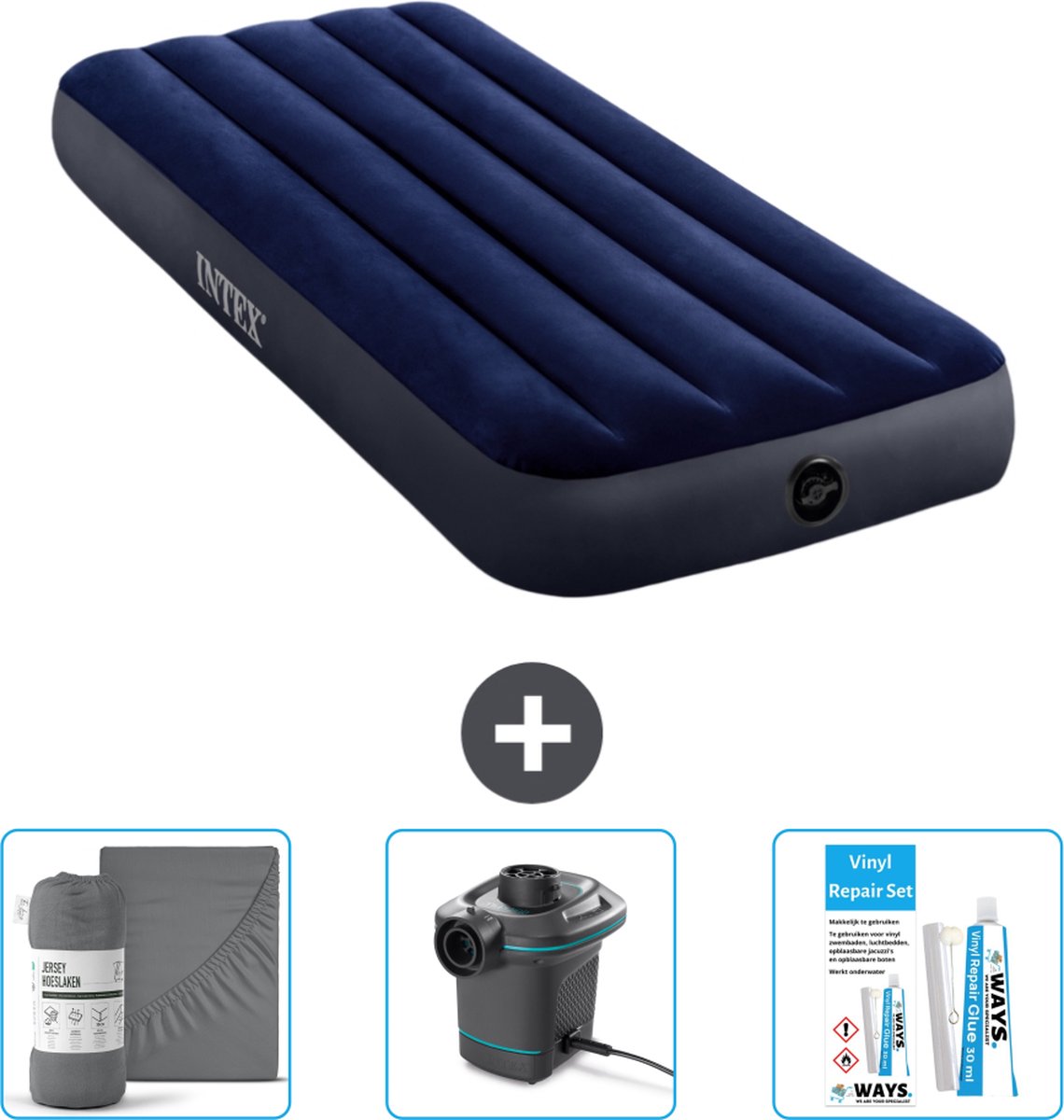 Intex Luchtbed - 1-Persoons - 76 x 191 x 25 cm - Blauw - Inclusief Hoeslaken - Pomp en Reparatieset