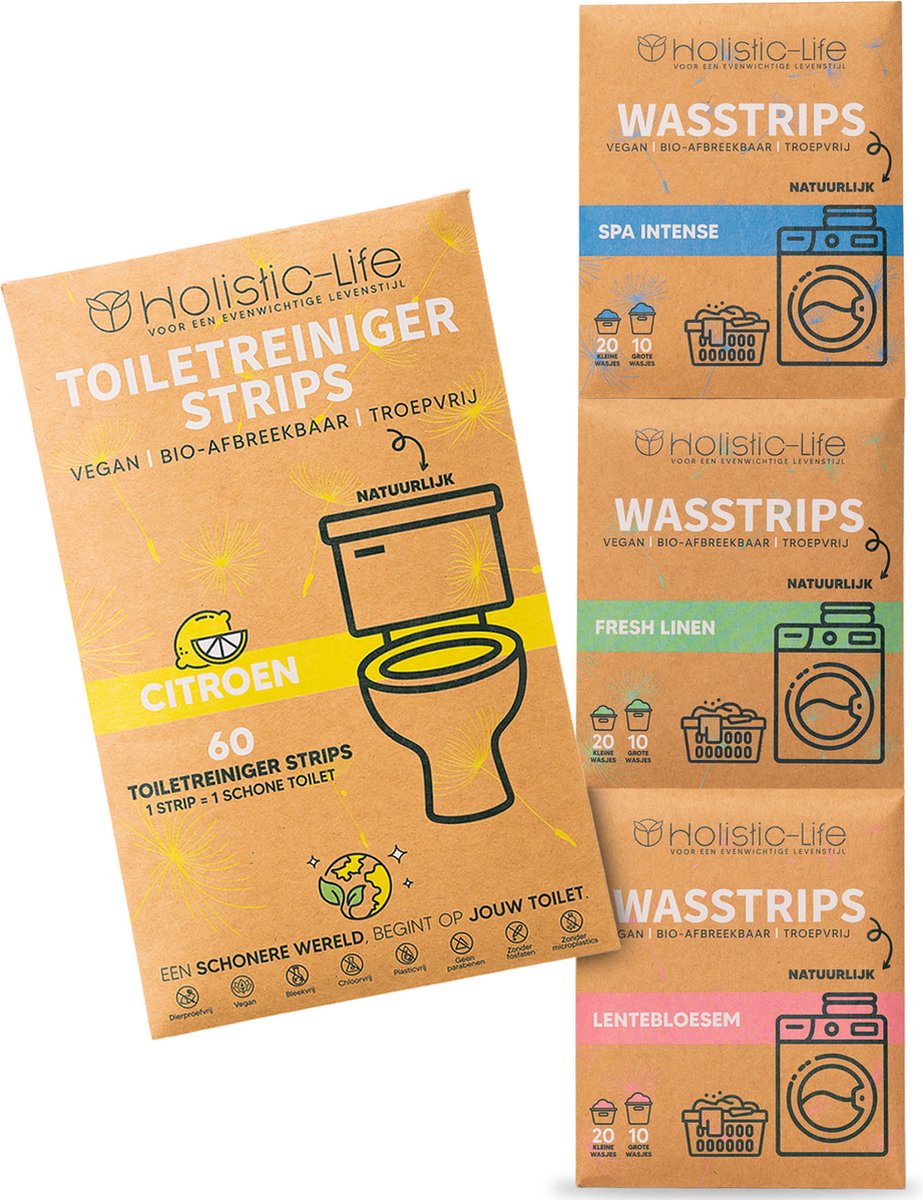 Wasmiddeldoekjes & WC Reiniger Vellen Proefpakket - 3 langdurige wasmiddel geuren - 3x20 Wasbeurten Incl. Wasverzachter & 60 Toiletreiniger Strips Citroen