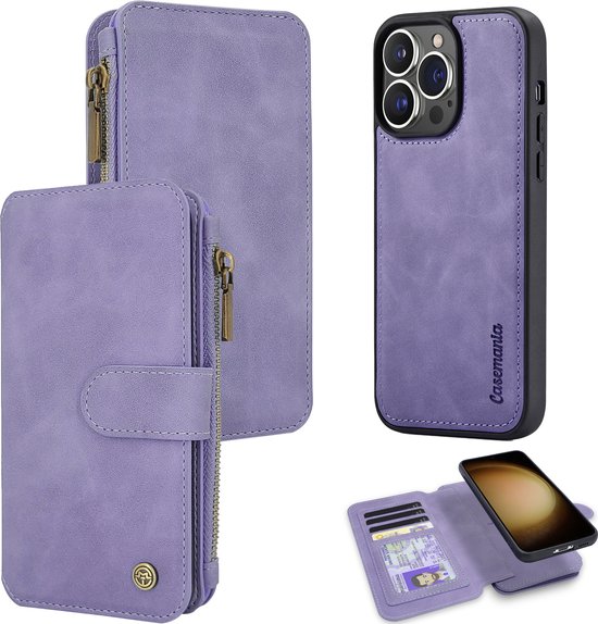 Casemania Étui adapté pour Apple iPhone 15 Pro - Lilas brillant - Étui livre magnétique 2 en 1 avec fermeture éclair