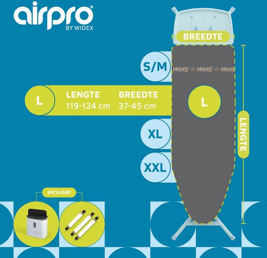Diagram van een Airpro strijkplank met afmetingen en maten: L, XL, XXL. Inclusief spanners.