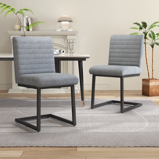 Sweiko 2 pièces chaises de salle à manger à rayures verticales, chaise rembourrée avec pieds en métal en zigzag, chaise longue moderne, chaise pour chambre à coucher, bureau et bureau, cuir synthétique, gris clair