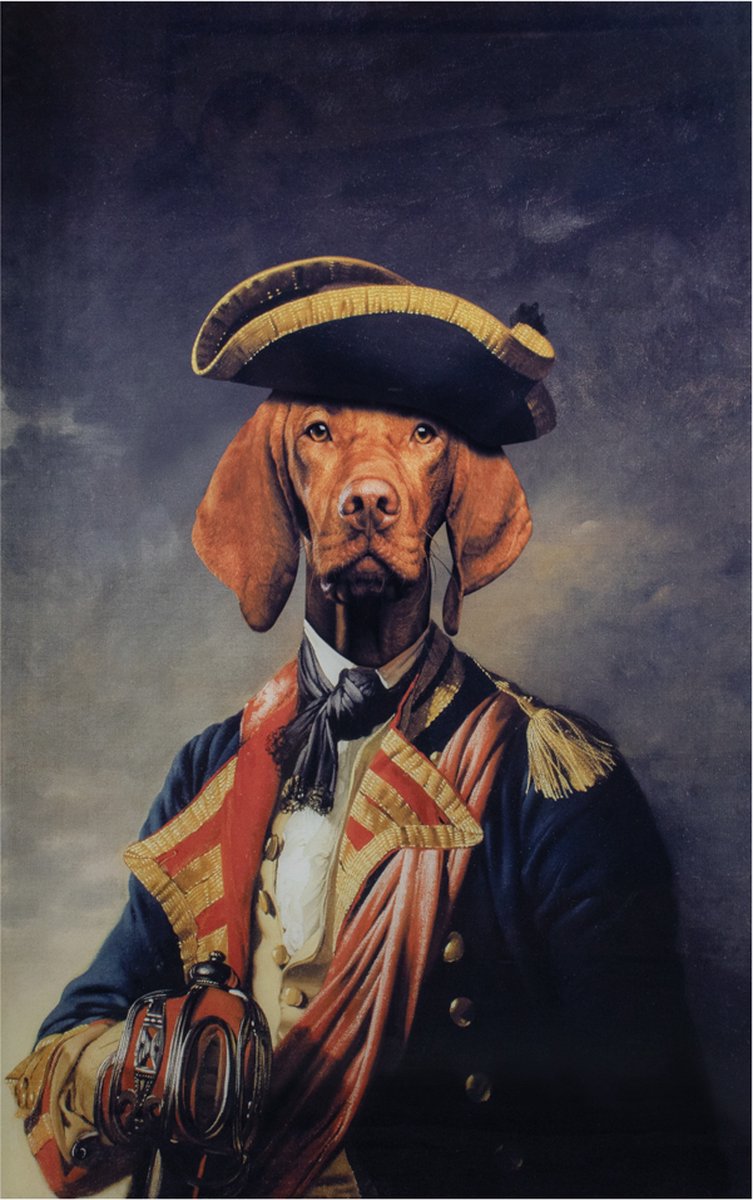 Poster aan de muur Dobermann in pak - abstracte zwarte hond op een bakstenen muur- Posters