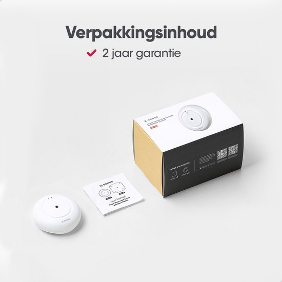 Verpakking van de X-Sense watermelder met de sensor en handleiding ernaast.