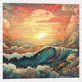 Muursticker - Schilderij - Oceaan - Zee - Golven - Zonsondergang - Wolken - Kleuren - 50x50 cm Foto op Muursticker