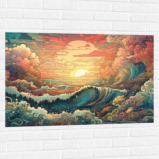 Muursticker - Schilderij - Oceaan - Zee - Golven - Zonsondergang - Wolken - Kleuren - 105x70 cm Foto op Muursticker