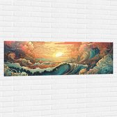 Muursticker - Schilderij - Oceaan - Zee - Golven - Zonsondergang - Wolken - Kleuren - 150x50 cm Foto op Muursticker