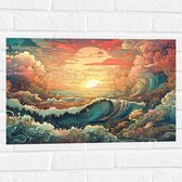Muursticker - Schilderij - Oceaan - Zee - Golven - Zonsondergang - Wolken - Kleuren - 60x40 cm Foto op Muursticker