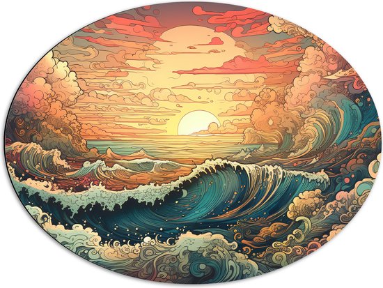 Dibond Ovaal - Schilderij - Oceaan - Zee - Golven - Zonsondergang - Wolken - Kleuren - 80x60 cm Foto op Ovaal (Met Ophangsysteem)