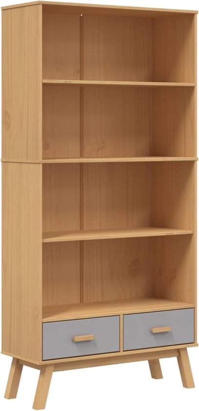 vidaXL - Boekenkast - 4-laags - OLDEN - massief - grenenhout - grijs - en - bruin