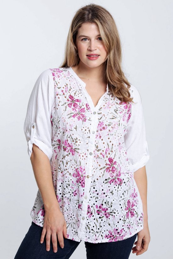 Paprika Lange blouse in linnnen en viscose met geborduurd bloemenmotief