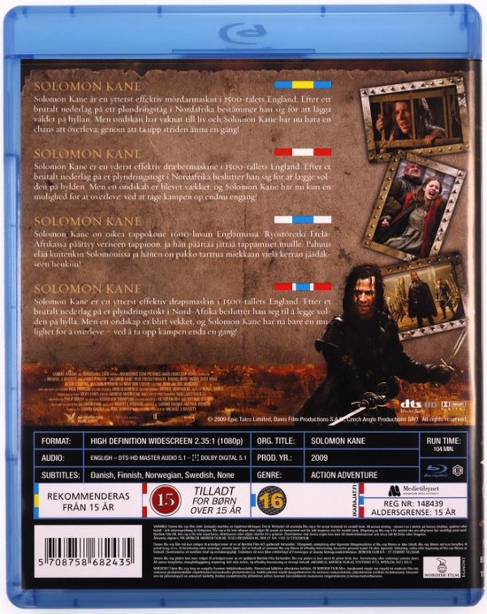 Achterkant Blu-ray hoes van Solomon Kane met filmbeschrijving, acteur en scènes uit de film.