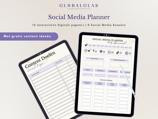 GlobalGlas - Social Media Planner - 6 Sociale Media Kanalen - Digitaal Invulbaar - Efficiënter Werken - Haal je Social Media Doelen