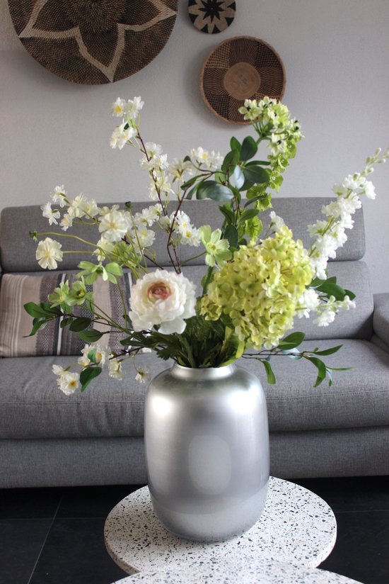 Zijde Boeket - Stralend wit - diverse Bloemen 75 cm hoog - Kunstbloemen