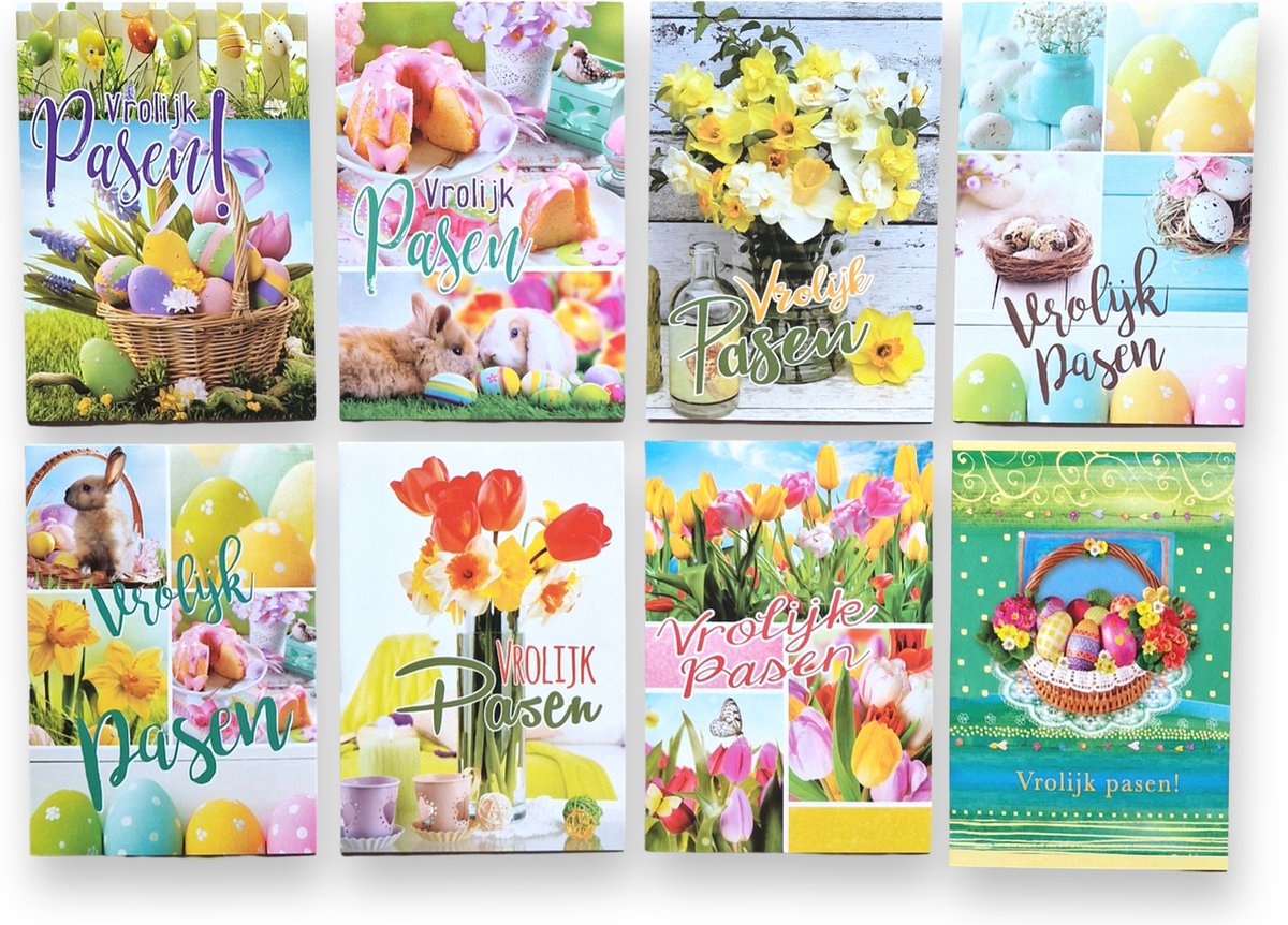8 Vrolijke Paaskaarten wenskaarten - 16x11cm - Luxe paaskaarten met envelop Vrolijk Pasen