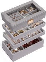 4-traps sieradenhouder, stapelbare sieradenbox, lade-sieradenorganizer met glazen deksel, uitneembare scheidingswanden voor de make-uptafel, cadeau-idee voor meisjes en vrouwen (grijs)