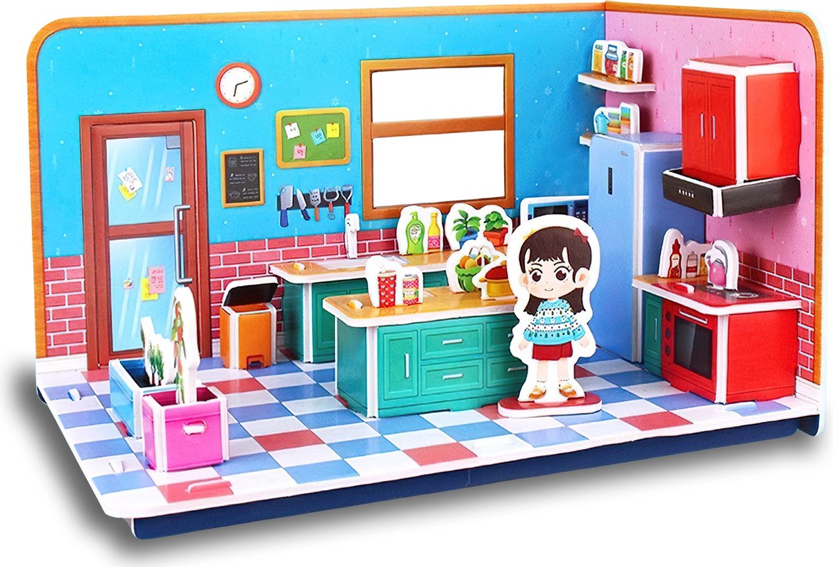 Ainy - 3D puzzel poppenhuis keuken met meubels: Miniatuur bouwpakket / speelgoed huisjes knutselpakket / educatief knutselen meisjes - hobby puzzels en creatief modelbouw voor kinderen & volwassenen | 45 stukjes