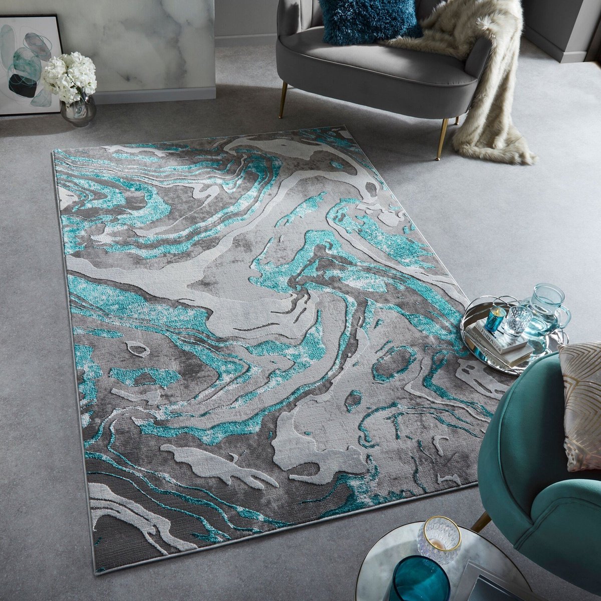 Flycarpets Modern Vloerkleed - Marbled - Laagpolig - Marmer - Blauw - 200x290 cm