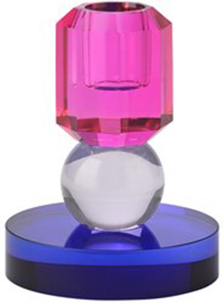 Kleurrijke Glazen Kandelaar Sari - Roze - Lila - Kobalt - Glas - Kristal - Geslepen - H10.5 cm