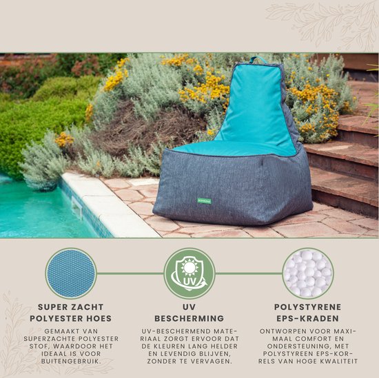 Grijze zitzak met turquoise zitvlak, bij een zwembad in de tuin.