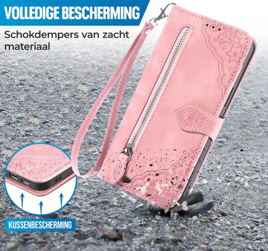 Book case pour Samsung Galaxy S21 FE avec Protection d'appareil photo - Cuir artificiel - Porte-cartes - Cordon - Motif Fleurs - Samsung Galaxy S21 FE - Rose