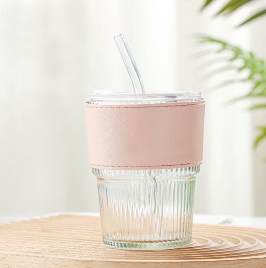 Without Lemon - Glazen Beker - met Deksel en rietje - To Go Tumbler- Koffie - Thee - Duurzaam - 400ml - Roze