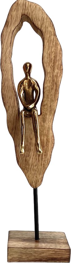 Decoratief zittend figuur 41,5 cm hoog - Inclusief verzendkosten - Decoratie - Beeld - Sculptuur - Ornament - Mens - Persoon - Hout - Goud - Metaal - Standaard - Voet - Interieur - Kado - Cadeau - Geschenk - Verjaardag - Man - Vrouw