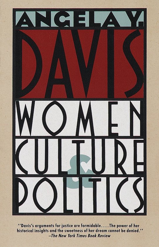 Couverture de livre avec des lettres rouges, blanches et noires : ANGELAY DAVIS WOMEN KULTURE & POLITICS. Avec une citation de The New York Times Book Review.