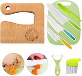 Kindermessen, 8-delige kinderkeukenmessenset voor het snijden en koken van groenten of fruit voor peuters, inclusief houten mes, snijplank, dunschiller (wagen)