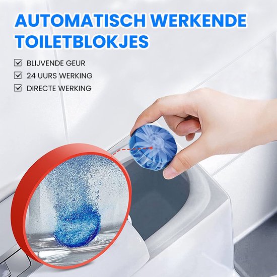 Een hand houdt een blauw wc-blokje. Een vergrote cirkel toont een bruisend wc-blokje in water.