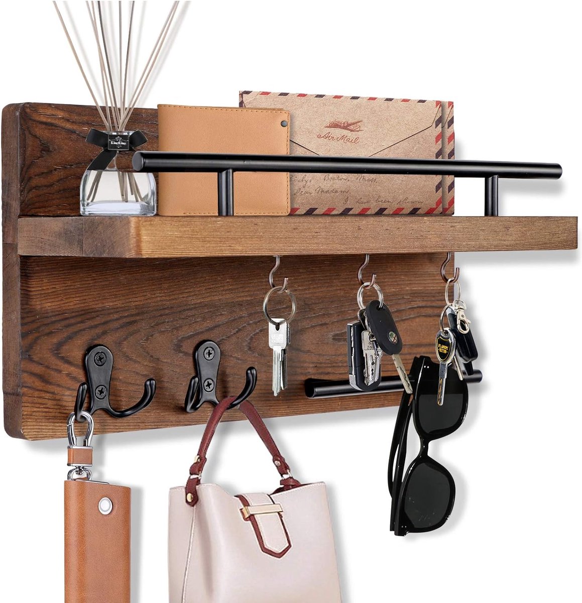 Porte-Clés Mural En Bois Style Vache Et Veau - 5 Crochets Alliage Pour Entrée Ou Couloir | Décoration Pratique Et Champêtre