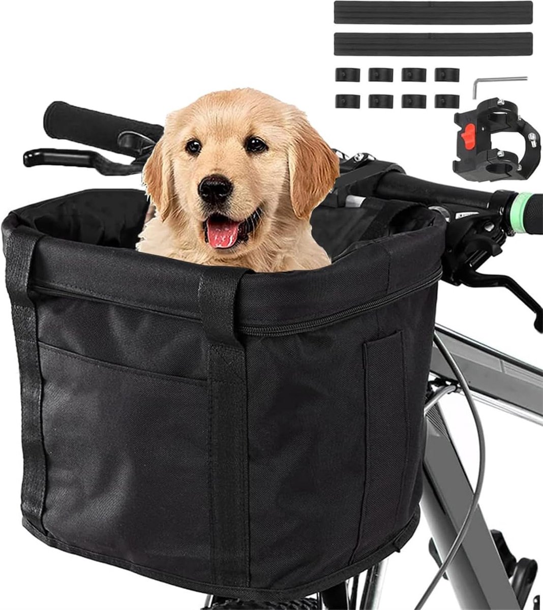 Fietsmand, opvouwbare waterdichte fietsmand, afneembare stuurmand, aluminiumlegering frame hond kat huisdier drager voor kleine hond, mountainbike picknick, winkelen (zwart-A) [Energieklasse A]