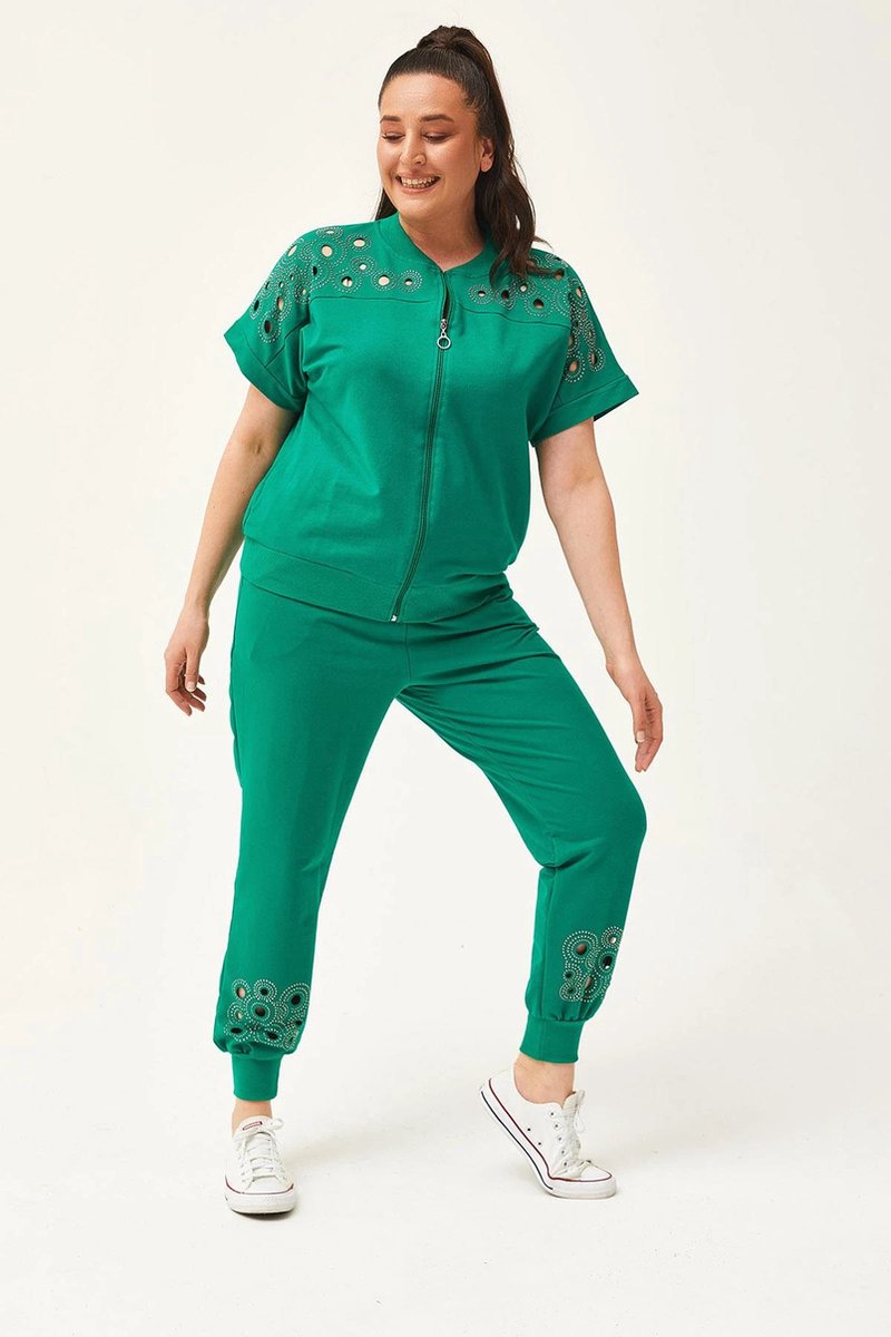 Dames Grote Maat 3XL Trainingspak - Kortmouw Transparante Snit Steen Bedrukte Groen XXXL Tracksuit Fitnesstrainingspakken