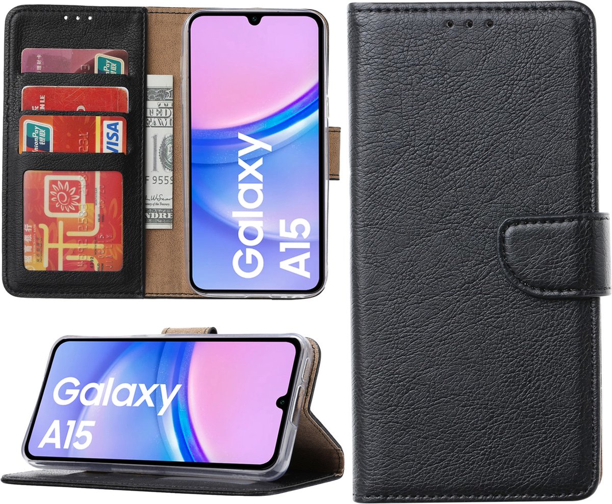 Arara Hoesje geschikt voor Samsung Galaxy A15 hoesje - Bookcase met pasjeshouder - Zwart