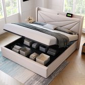 Gestoffeerd bed tweepersoonsbed opbergruimte bedbox met USB Type C oplaadfunctie hoofdeinde, opbergruimte bedden bedframe van linnen materiaal jeugdbed 140x200 met lattenbodem (zonder matras)