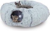 Kattentunnel met kattenbed, pluche uitbreidbaar multifunctioneel kattenspeelgoed kattentunnelbed met hangende bal en kijkgat voor binnen (grijs, diameter: 85 x hoogte: 26 cm)