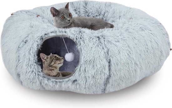 Kattentunnel, kattenbed voor binnen, dierengrotbed met 1 hangende krabballen, inklapbare ronde kattentunnel, kattentunnelbed,Blauw Kattentunnel, kattenbed voor binnen, dierengrotbed met 1 hangende krabballen, inklapbare ronde kattentunnel, kattentunnelbed,Blauw