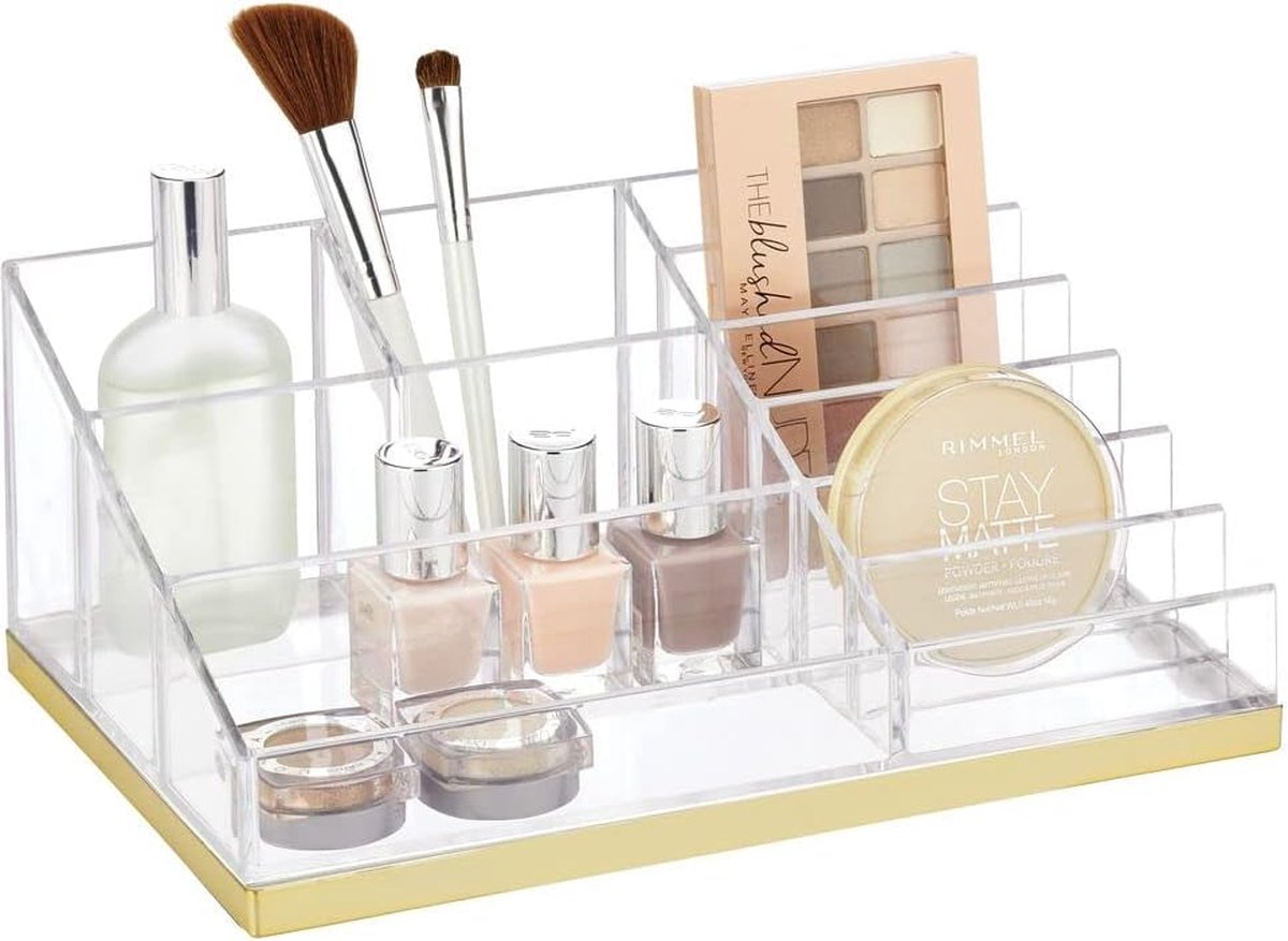 Goedkoopste Praktische cosmetica-organizer, decoratieve cosmetica-opbergdoos voor nagellak en poeder, plank met 10 vakken voor het bewaren van make-up, doorzichtig/goudkleurig