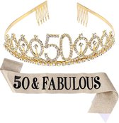 Set Couronne d'anniversaire 50 ans - "50 & Fabulous" - Kroon et écharpe - Couleur or