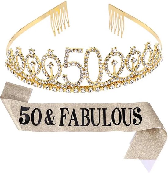 Setje 50 jaar Verjaardagskroon - "50 & Fabulous" - Kroon en Sjerp - Goudkleurig