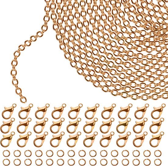 Kurtzy Gouden Sieraden Maak Ketting Link – 10 m x 1,5 mm Ijzeren Link Kabel, 30 Kreeftklemmen & 30 Springringen – DIY Ketting, Armband, Hanger & Hobby’s Voor Mannen & Vrouwen