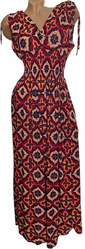Dames maxi jurk met print XL/XXL (40-44) donkerrood/geel/blauw